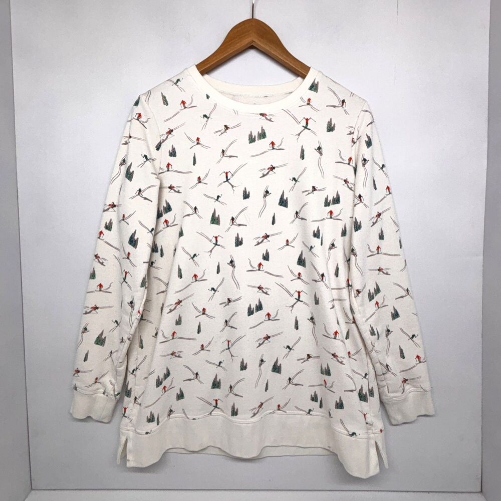 Lands End Serious Sweats Winter Ski Print Crewneck Sweatshirt White Women's M